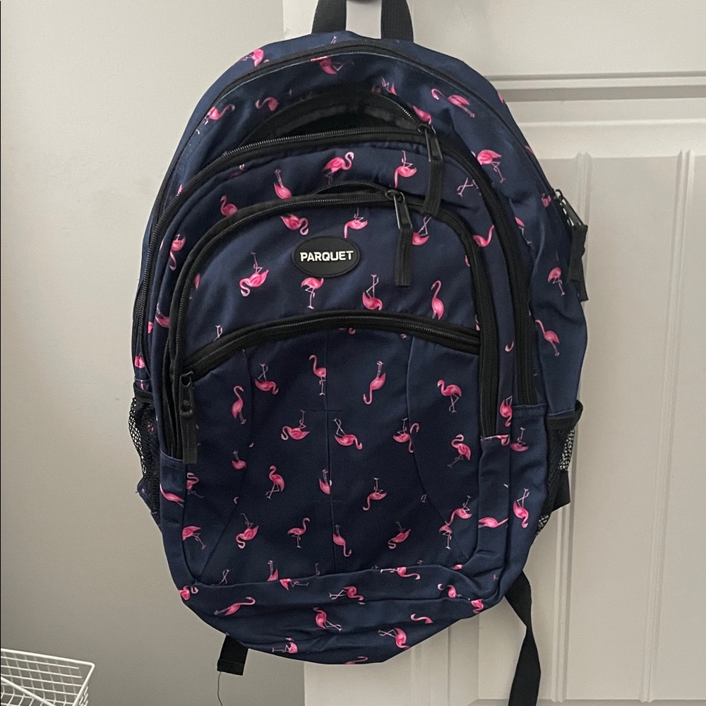Parquet Navy Backpack with Pink Flamingos